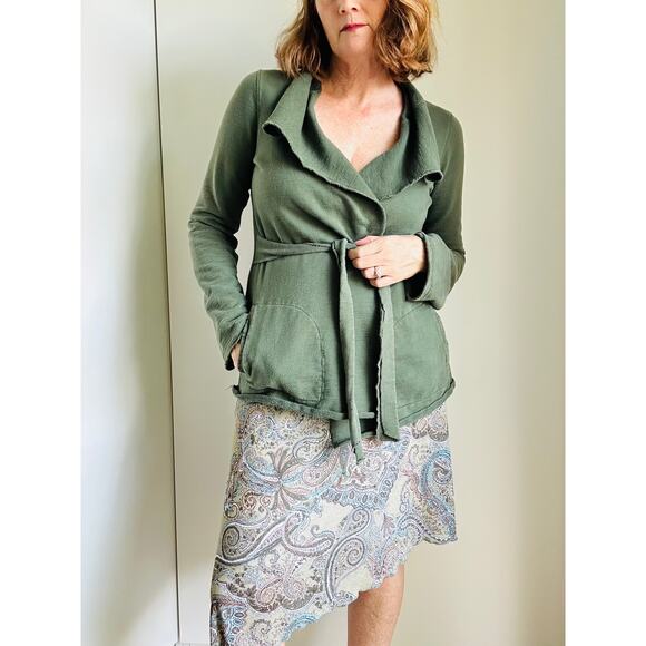 90s Lucky Brand Cardigan Sweatshirt Size Small Army Green Lagenlook Layering - Picture 1 of 8